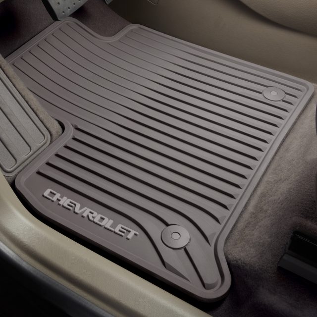 Close-up of a Chevrolet branded rubber floor mat with textured grooves for added grip and protection